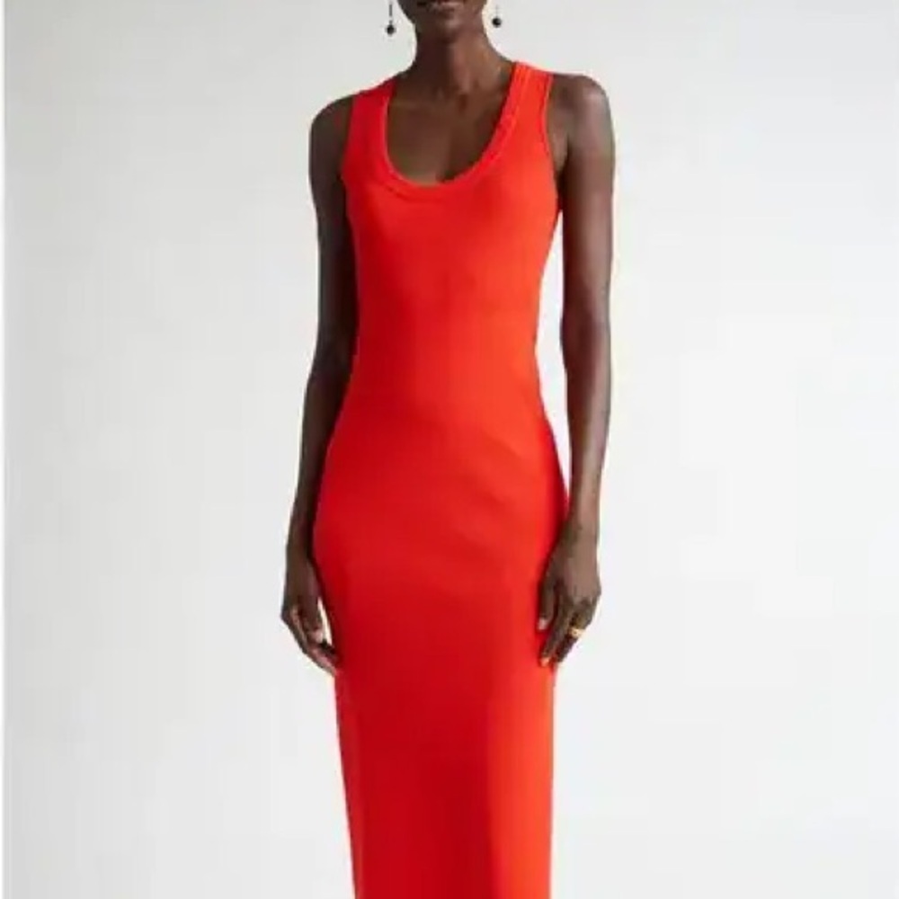 St. John Collection Tank Dress Scoop Neck Ribbed Knit Bright Ruby Red Long Sz Lg - Picture 2 of 11